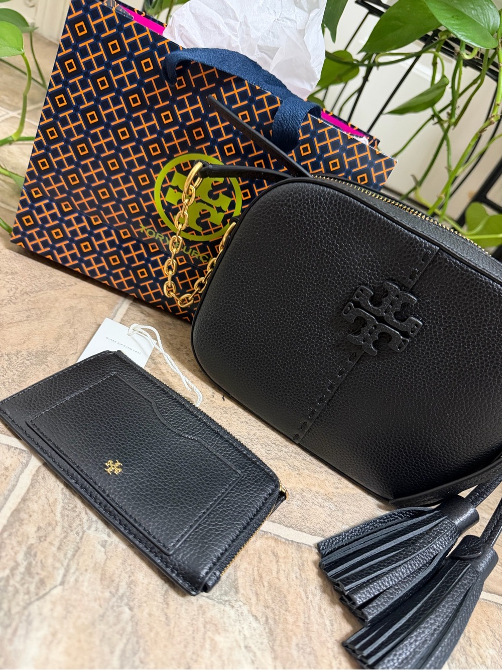 Tory Burch Black Pebbled Leather Camera Crossbody with Tassels